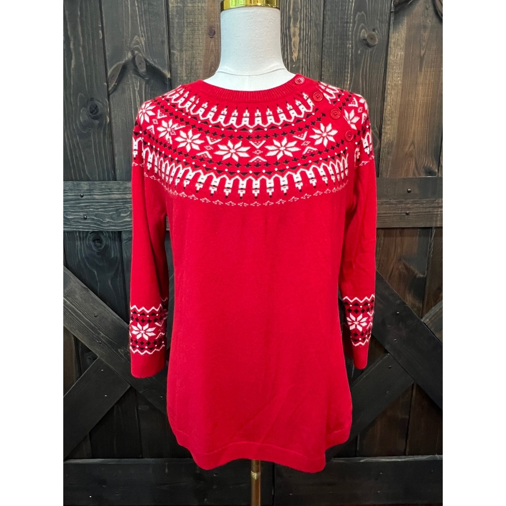 Talbots Red Lambswool Blend Fair Isle Snowflake Sweater S Button Shoulder Soft